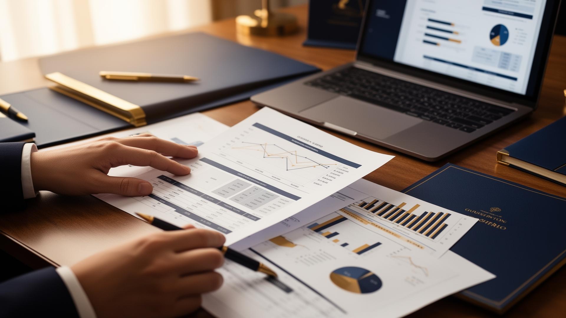 Contador analisando relatórios financeiros e gráficos em escritório